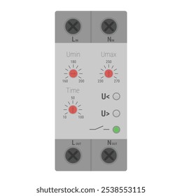 Voltage monitoring modular relay without display. Protection relay for DIN rail mounting. Vector illustration in flat style