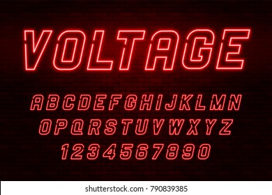 Voltage neon light alphabet, realistic extra glowing font with brick wall background. Exclusive swatch color control.