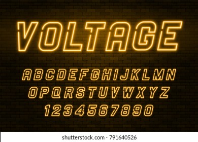 Voltage neon light alphabet, realistic extra glowing font with brick wall background. Exclusive swatch color control.