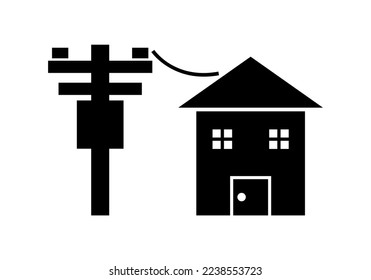 Voltage power electric pole with transformer transmit electricity to building city house shadow silhouette on white background flat vector black icon design.