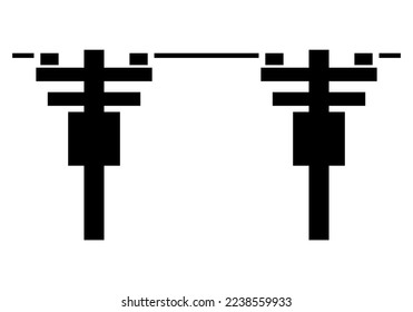 Voltage power electric pole with transformer transmit electricity shadow silhouette on white background flat vector black icon design.