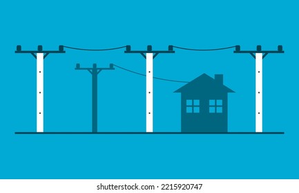 Spannungsleistungs-elektrische Pol übertragen Elektrizität zum Bauernhaus auf blauem Hintergrund flache Vektorsymbol Design.