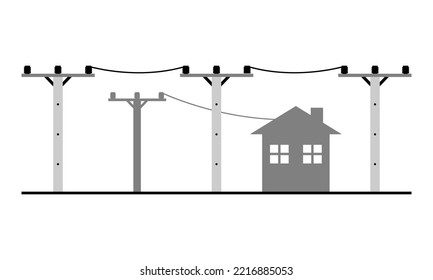 Voltage power electric pole transmit electricity to building house on white background flat vector icon design.