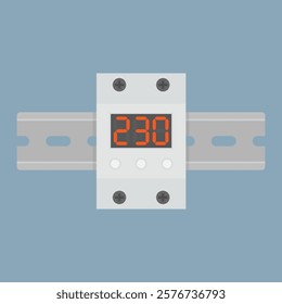 Voltage relay mounted on a 35mm DIN rail. Vector illustration