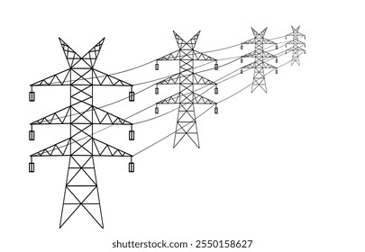 Spannungsdrähte Elektrische Stromleitung in der Ferne, Stromübertragung. Isolierte Energiesystemmasten für modernes Dorf oder Stadt, heutzutage Vektorszene