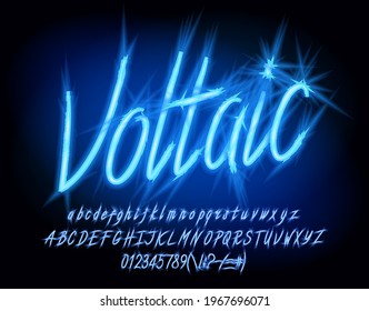 Voltaic alphabet font. Electric script letters, numbers and punctuation. Uppercase and lowercase. Stock vector typescript for your design.