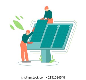 Voltaic system installation. Technicians installing solar batteries. Professional work, renewable energy generation concept. Editable vector illustration isolated on a white background. Graphic design