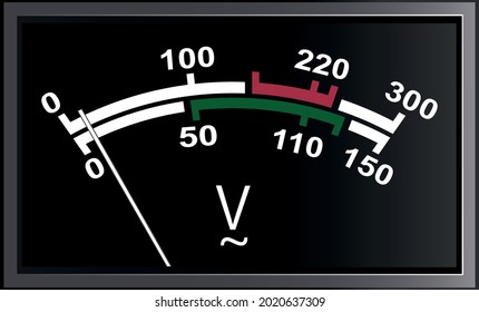 Voltmeter old scale. Arrow voltmeter up to 300v AC. Black arrow scale voltmeter. Instrument for measuring AC voltages. Vector