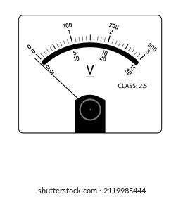 Voltímetro de escala antigua. Escala blanca con graduaciones negras. Instrumento para medir tensiones de CC. Vector