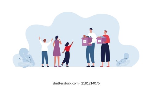Voluenteering in orphanage concept. Vector flat people illustration. Male and female volunteer with box of toy and happy child character. Design for orphans day.