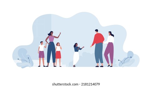 Voluenteering in orphanage concept. Vector flat people illustration. Male and female parents meet their african daughter characters. Teacher, boy and girl orphans with goodbay gesture.