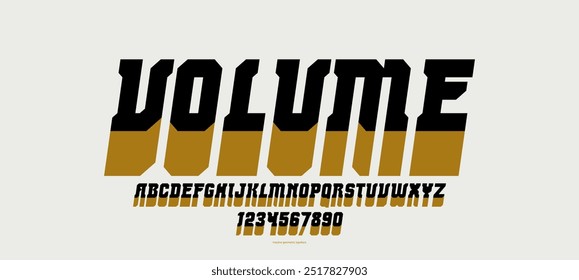 Volume 3D display font for logos and posters, vector typeface in vintage style but dimensional like cube, letters and numbers alphabet typography, italic version.