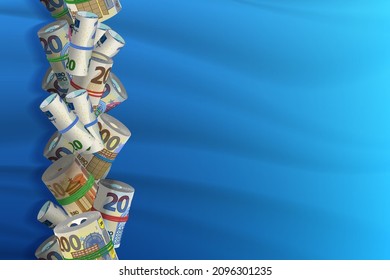Volume 3d EU paper money, rolled up and tied with colored rubber bands, folded randomly in a line, with shadows on a blue wavy background. Banknotes of 20, 50 and 200 euros. Sample of economic poster