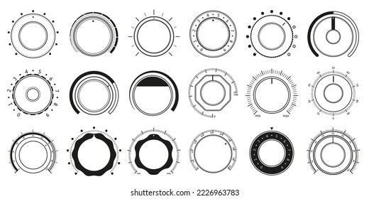 Volume adjustment dials. Round level knob, rotary control dial and sound controller interface circle switch vector set. Electronic equipment element for sound regulation. Audio settings