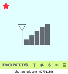 Volume adjustment icon flat. Grey pictogram on blue background. Vector illustration symbol and bonus buttons medal, cow, earth, eye, calculator