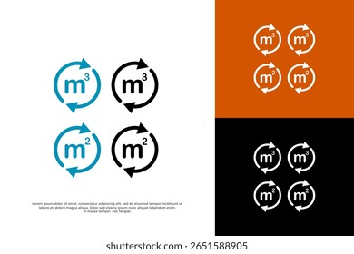 Iconos de volumen y área (m³ y m²) con flechas, que representan la medición y la conversión.