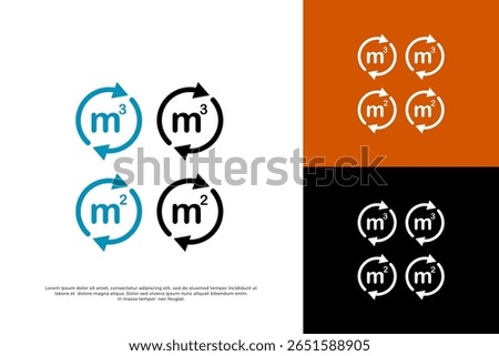 Volume and area icons (m³ and m²) with arrows, representing measurement and conversion.