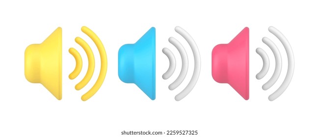 Volume audio dynamic loudspeaker wave sound acoustic music 3d icon set realistic vector illustration. Sound tone megaphone speaker stereo signal noise technology digital broadcasting communication