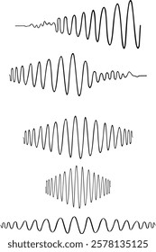 Volume audio lines, soundwaves rhythm isolated on white background. Sound waves. Abstract music wave, radio signal frequency and digital voice visualisation. Tune equalizer vector set. 