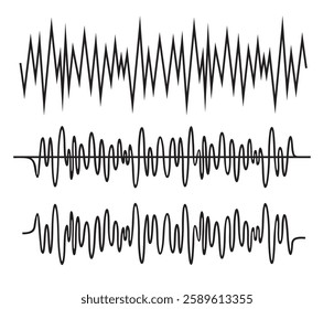 Volume audio lines, soundwaves rhythm isolated on white background. Sound waves. Abstract music wave, radio signal frequency and digital voice visualisation. Tune equalizer vector set. 