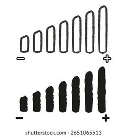 Ícone de barras de volume. Níveis desenhados à mão. Intensidade do sinal Vetor. Design do indicador de pincelada.