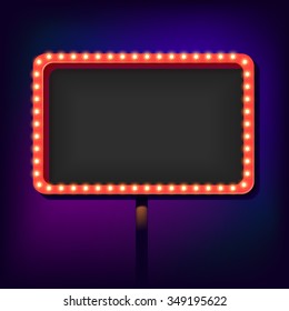Volume billboard for writing. Frame with neon lights advertising. Glowing lights in a retro style for your advertising. Vintage background. Vector illustration