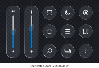 O volume e o brilho controlam os controles deslizantes com vários ícones de UI arredondados, quadrados e circulares, definidos em um fundo transparente escuro. Vetor de vidro líquido.