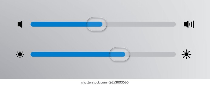 Controle deslizante de volume e brilho com elementos de IU de vetor de vidro líquido. Interface do painel de controle para aplicação de tecnologia.