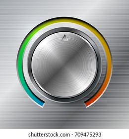 Volume brushed metal knob with color scale. Vector illustration.