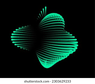 La burbuja de volumen se hinchó como montaña. Protrusión esférica. superficie distorsionada. Sustancia cósmica desinfladora. Distorsión esférica de los bultos ovales. Los puntos de partícula apuntan a la superficie del globo. Gran flujo de datos