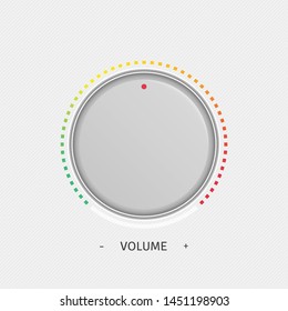 Volume Button controller with colorful dial. Realistic metal circle button. Vector volume settings, sound control knob concept. Illustration EPS 10.