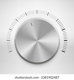 Volume button with metal texture and scale. Music steel chrome knob on light background. Vector illustration