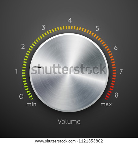 Volume button metal texture steel chrome. Music knob sound level. Sound panel tuner interface.
