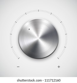 Volume button (music knob) with metal texture (steel, chrome), scale and light background for web user interfaces. Vector illustration.