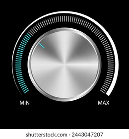 Lautstärkeregler (Musikknopf) mit Metallstruktur. Pegelskala für Metallwahlschalter für Audiosteuerung. Analoger Drehschalter. Vektorgrafik.