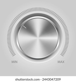 Volume button (music knob) with metal texture. Metal audio control dial switch level scale. Analog Rotary Switch. Vector illustration.