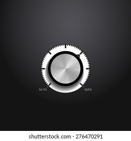 Volume button (music knob) with metal texture (steel, chrome), on black background. Vector illustration