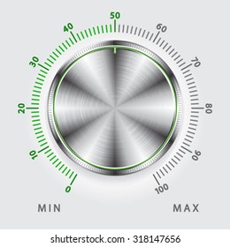 Volume button (music knob) with metal texture (steel, chrome), green scale and light background. Vector illustration.