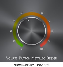 Volume button (music knob) with metal texture (steel, chrome), green to red lights scale and dark background. Volume button from 0 to 100 scale. Vector illustration.