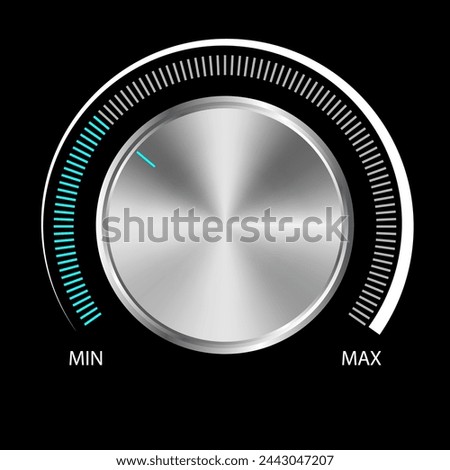 Volume button (music knob) with metal texture. Metal audio control dial switch level scale. Analog Rotary Switch. Vector illustration.