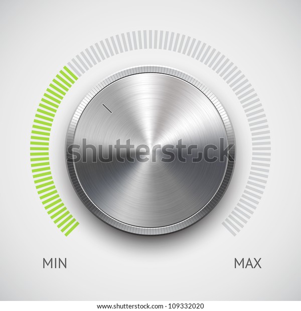 Volume button\
(music knob) with metal texture (steel, chrome), green scale and\
light background. Vector\
illustration.