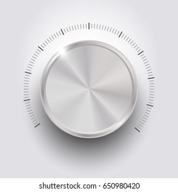 Volume button, music knob, sound control with metal texture and number scale isolated on background