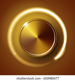 Volume button, music knob, sound control with metal texture and number scale isolated on background