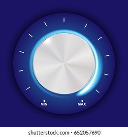 Volume button, music knob, sound control with metal texture and number scale isolated on background