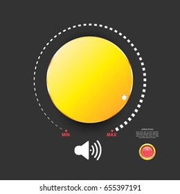 Volume button, music knob, sound control with metal texture and number scale isolated on background