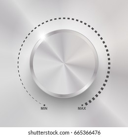 Volume button, music knob, sound control with metal texture and number scale isolated on background