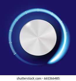 Volume button, music knob, sound control with metal texture and number scale isolated on background