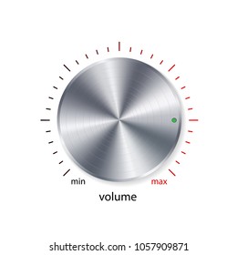 Volume button, sound control, music knob with metal chrome brushed texture and color scale isolated on white background