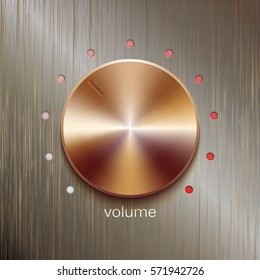 Volume button, sound control, music knob with bronze or golden texture and scale isolated on bronze polished texture background