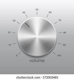 Volume button, sound control, music knob with metal texture and dial isolated on gray background
